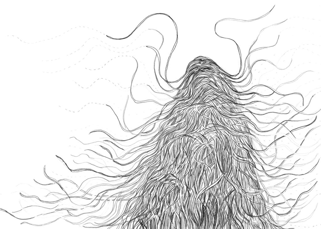 Artist Marcela Moraga lives in Moabit, Berlin, near where the river Spree flows. This is an ink-on-paper illustration of bacteria and other ideas that live in the river.